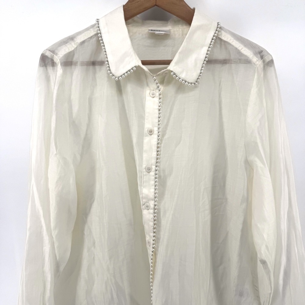 Bailey/44 XL Pearl Trim White Sheer Button Down Blouse | Old Money Coquette